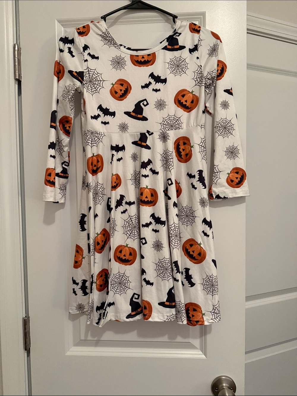 Kids Halloween Pumpkin Print Dress - White & Orange